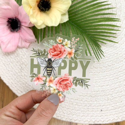 Bee Happy, Floral, Clear Vinyl Sticker, 3x3 inch